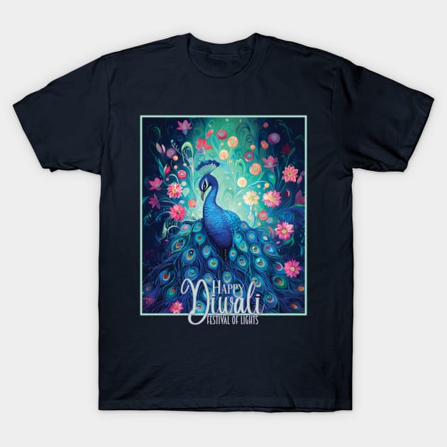 Blue Peacock & Pink Flowers Happy Diwali Festival of Lights T-Shirt by karenmcfarland13